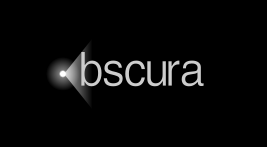 Logo saying "obscura", and "o" is a pinhole casting light on the other letters.