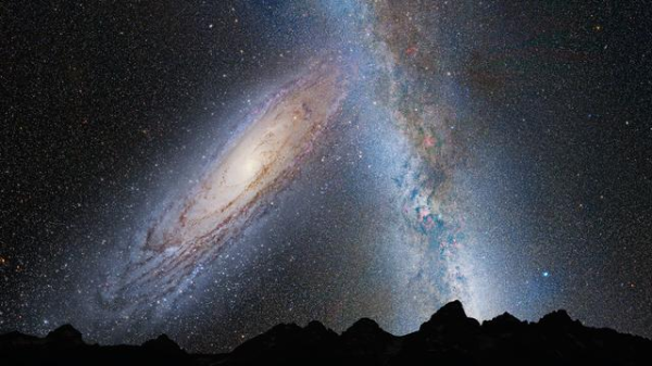 From source listed in toot: 

This illustration shows a stage in the predicted merger between our Milky Way galaxy and the neighboring Andromeda galaxy, as it will unfold over the next several billion years. In this image, representing Earth's night sky in 3.75 billion years, Andromeda (left) fills the field of view and begins to distort the Milky Way (right) with tidal pull.

Credit: NASA; ESA; Z. Levay and R. van der Marel, STScI; T. Hallas; and A. Mellinger