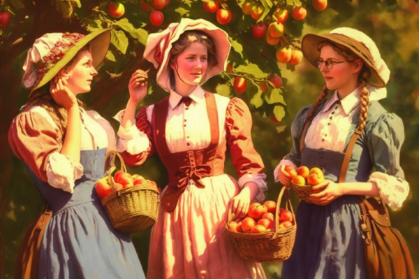 Three Victorian women with apple baskets