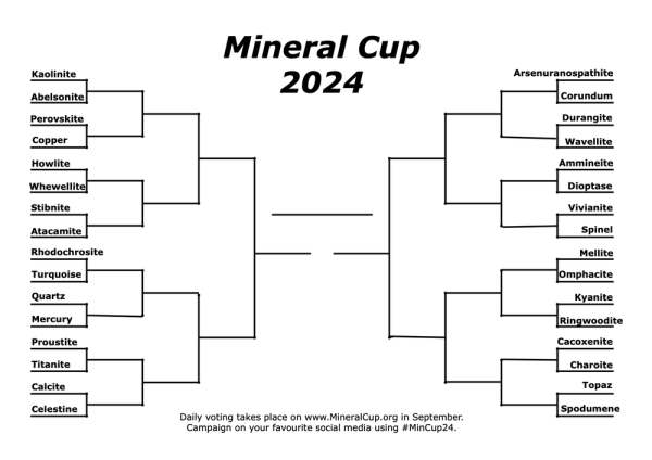 Blank bracket of 32 minerals competing for the cup. The first match is Kaolinite vs Abelsonite