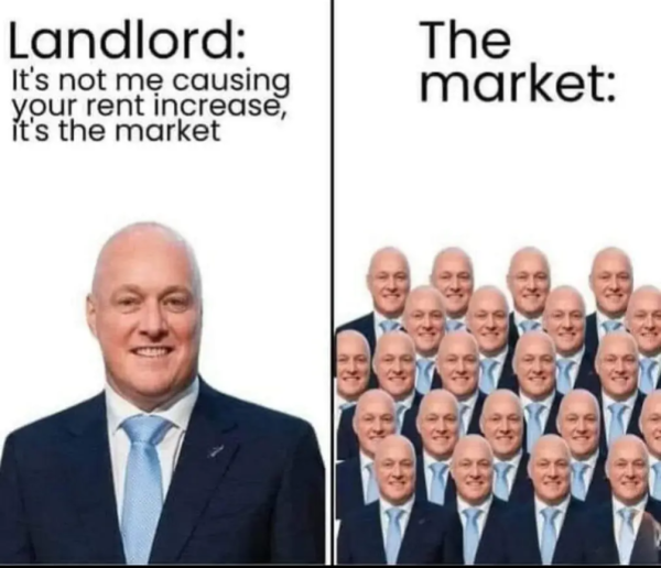 A 2 panel meme image. The first panel shows an old white man. The text reads:

Landlord: It's not me causing your rent to increase, it's the market

The second panel shows about 20 of the same man. The text reads:

The Market: