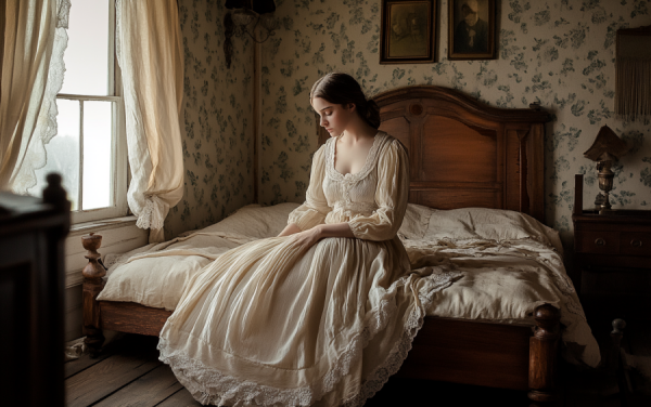 A  Victorian woman sitting on a bed in a 19th century farmhouse bedroom.
