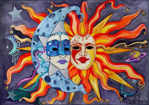 An artwork depicting a highly stylised crescent moon in blue tones and a sun in red and yellow tones, both wearing masks.