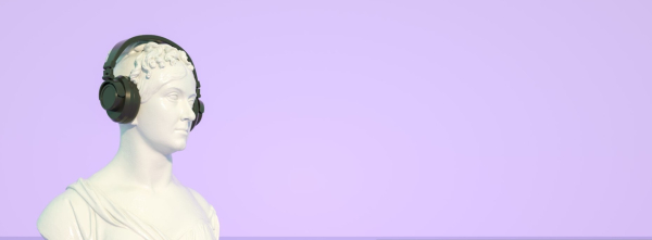 Photo of a white marble bust wearing headphones in front of a lavender-coloured background.