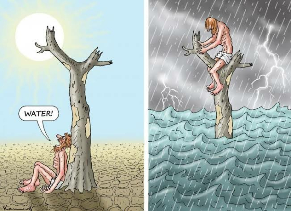 Cartoon: man languishing in drought, next to a dry tree. man hanging from the same tree, trying to escape the flood.