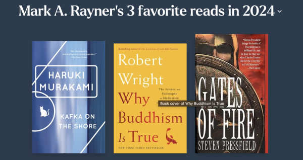 Mark A. Rayner's 3 favorite reads in 2024
Showing the cover art for:
Kafka on the Shore by Haruki Murakami
Why Buddhism is True by Robert Wright
Gates of Fire by Steven Pressfield