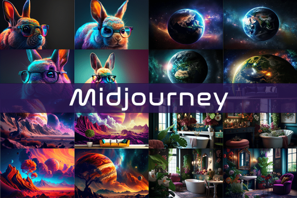 Logo de Midjourney avec des images générées en arrière plan