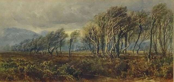 Painting of a wind-swept landscape.