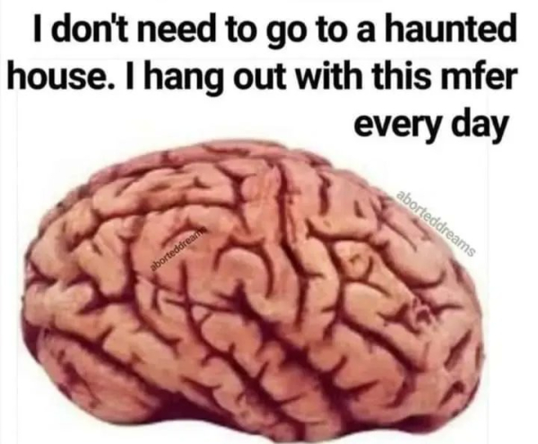 image of a brain with caption:
I don't need to go to a haunted house. I hang out with this mfer every day. 
by aborteddreams