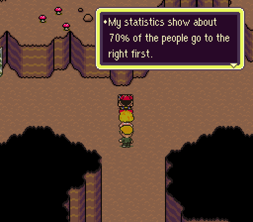 Screenshot from Earthbound showing a sign in Dungeon Man. "My statistics show about 70% of the people go to the right first."