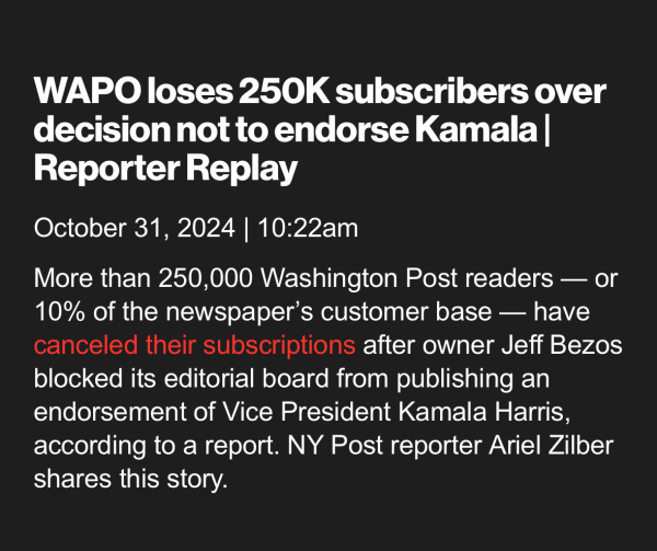 NY Post blurb: WAPO loses 250K subscribers over decision not to endorse Kamala