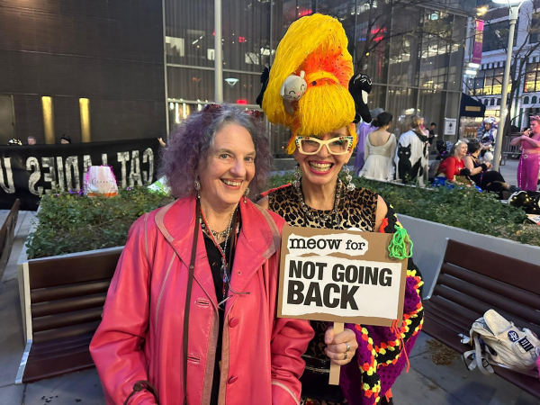 2 women, one is wearing a giant yellow wig in an up-do with big glasses and carries a sign that reads Meow for Not Going Back