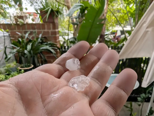 hand holding up hailstones, they're not massive, but I'd pop em in a drink as ice cubes