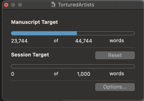 Manuscript Target 23,744 of 44,744 words (23,744+21,000)

Session Target 0 of 1,000 words