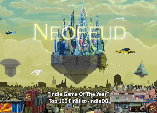 Neofeud title screen, floating palace above endless slum