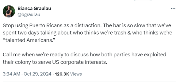 Stop using Puerto Ricans as a distraction. The bar is so slow that we’ve spent two days talking about who thinks we’re trash & who thinks we’re “talented Americans.”

Call me when we’re ready to discuss how both parties have exploited their colony to serve US corporate interests.