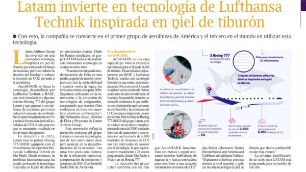 LaTam invierte en tecnología de Lufthansa Technik inspirada en piel de tiburón