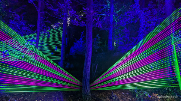 Photo of pink and green strings connected to tall trees that are bathed in blue light. There is one tree trunk central to the image, and layers of green and pink lines stretch out in both directions, like wings. More green lines with some blue musical notes on are in the background on the left.