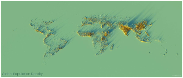 This is a density map of the world's population with no other countries boundaries. It is difficult to discern Australia and New Zealand because  people are not very concentrated in these countries.