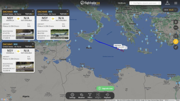 flight tracker showing 3 American U-28s on the way to West Asia to help Israe