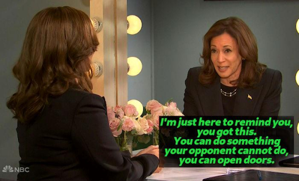 Maya Rudolph in foreground as Kamala with her back to us. Kamala in background facing us. They're both sitting at a dressing room table with a fake wall mirror on it. They're pretending to be mirror images of each other. The text on the image is from their dialog, it's from the real Kamala saying "I'm just here to remind you, you got this. You can do something your opponent can't. You can open doors." It's a joke referring to trouble Trump had the other day when he clumsily tried to open the door of a garbage truck cab. 