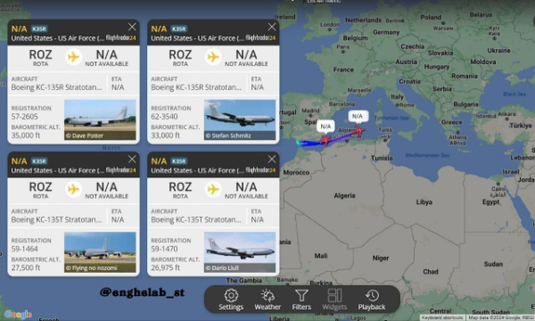 Flight tracker showing 4 American KC-130 tankers flying towards west Asia