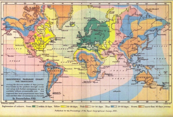 This is a map showing the very long time it took to travel from London to the rest of the world in 1881.