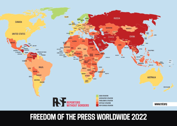 This is a map color-coded to match the general condition of freedom of the press in each country.