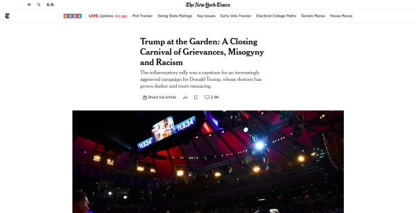 Trump at the Garden: A Closing Carnival of Grievances, Misogyny and Racism

The inflammatory rally was a capstone for an increasingly aggrieved campaign for Donald Trump, whose rhetoric has grown darker and more menacing.