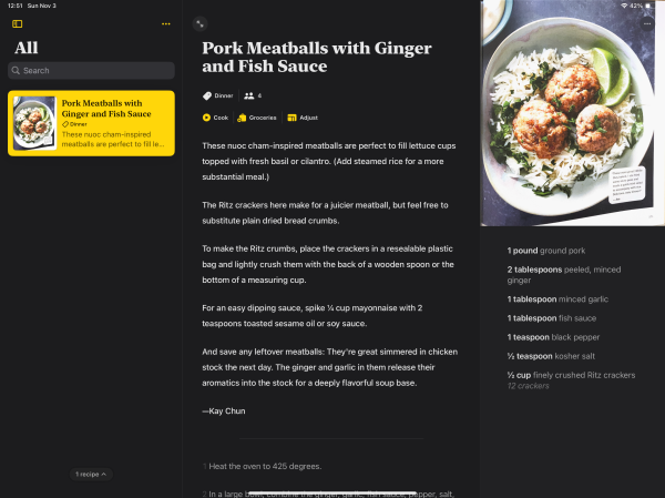 Mela cooking and recipe app on iPad 