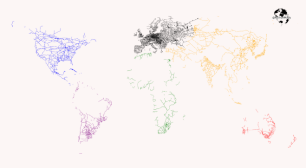 Map of the railroads of the world. Railroads seem particularly dense in Europe.