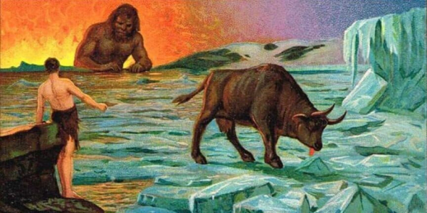 Coloured drawing of the Norse creation myth with the cow licking the ice and the giant Ymir.