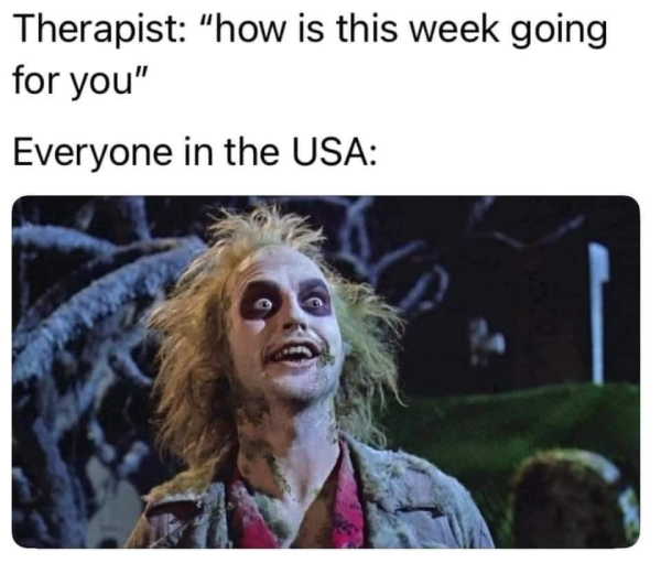 Therapist: "how is this week going for you"
Everyone in the U.S.A.:
[Picture of Beetlejuice looking deranged]