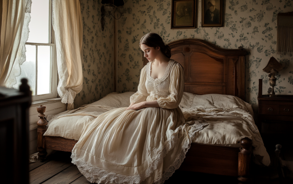 Midjourney: A young woman wearing a white dress sits on a bed in a Victorian farm house