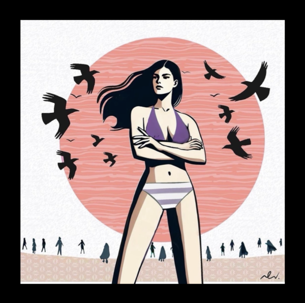 Illustration of Ahou Daryaei. She is stood defiantly in front of a low red sun with crows circling around her. Along the horizon are small silhouetted figures of Iranian women.
