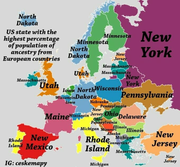 This map of Europe labels European countries with the name of the US state that has the largest share of people claiming ancestry from that country. For example, Spain is labeled "New Mexico" and France is labeled "Maine."