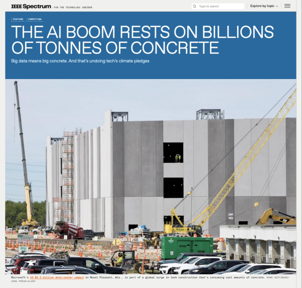 Screenshot from top of linked article. Headline says: "The AI boom rests on billions of tonnes of concrete." Below this is a photo of a Microsoft data center being constructed in Wisconsin, using giant slabs of concrete.