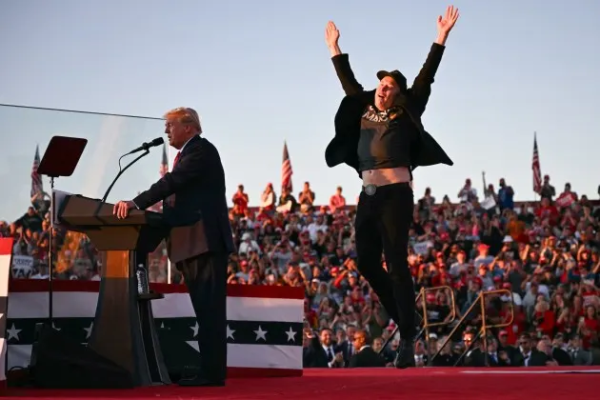 Criminals Donald Trump and Elon Musk at a Trump rally