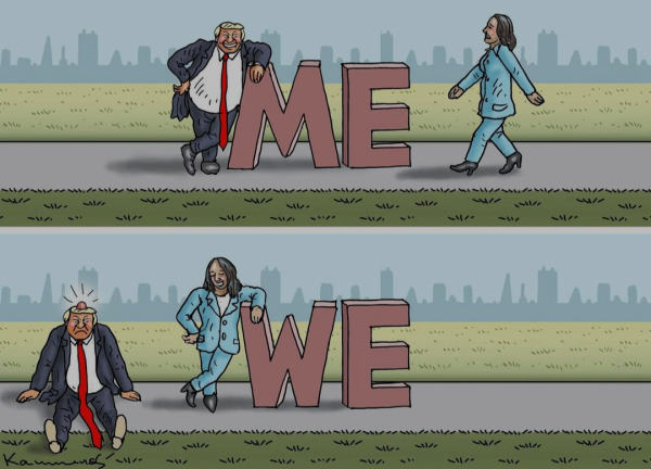 2 panel comic, vertically stacked.

1st panel is Trump seen leaning on a big "ME" sign. Harris is coming up from the right.

2nd panel is Trump sitting on the ground, having a big bump on his head.
Harris now leaning on the sign that has been turned around and now reads "ME".
She's smirking triumphantly towards Trump.
