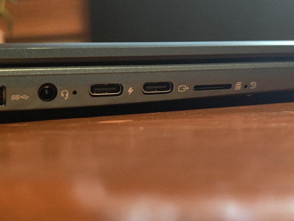 A view of the left hand side of the laptop showing USB 3.0, 3.5mm headphone, USB C charging and general, and TF card ports.