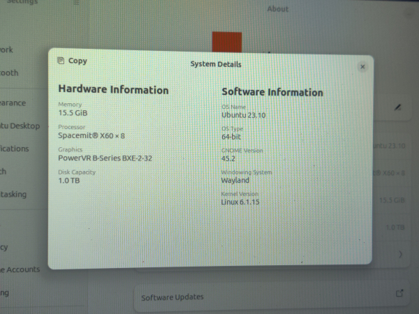 Potato picture of Ubuntu's About details showing 15.5GiB memory, Spacemit X60x8 processor, PowerVr B-Series BXE-2-32 graphics, 1.0TB disk capacity.