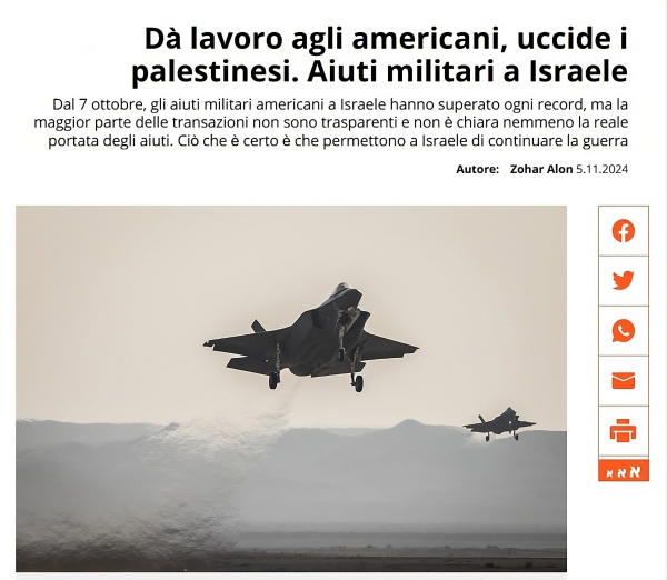 "Le società americane di armi hanno aumentato i loro profitti."
Un aereo F-35 di fabbricazione americana al servizio dell'aeronautica israeliana, novembre 2019.
Foto: Yonatan Zindel / Flash90