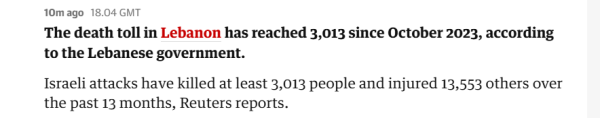 10mago 18.04 GMT

The death toll in Lebanon has reached 3,013 since October 2023, according to the Lebanese government.

Israeli attacks have killed at least 3,013 people and injured 13,553 others over the past 13 months, Reuters reports. 