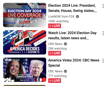 A screenshot of a vertical list of YouTube previews from Fox, CBS and CBC