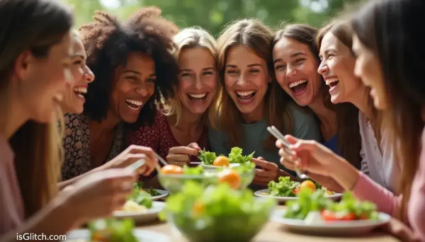 A group of moms taking a synchronized "candid" photo where they're all laughing at their salads in the exact same way.