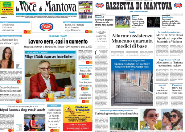 Nell'immagine ci sono le prime pagine di due giornali: "La Voce di Mantova" e "Gazzetta di Mantova".   "La Voce di Mantova" ha come titolo principale "Lavoro nero, casi in aumento", con un sottotitolo che menziona un aumento del 29% rispetto al 2022. C'è anche una foto di una donna e un'altra di un uomo con un maglione rosso seduto a un tavolo.  "Gazzetta di Mantova" ha come titolo principale "Allarme assistenza Mancano quaranta medici di base". Ci sono diverse altre notizie e una foto di una struttura con delle recinzioni. In basso a destra, c'è un'immagine di due donne che indossano occhiali da sole.  Entrambi i giornali presentano vari articoli e immagini minori.  .