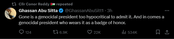 Tweet from Ghassan Abu Sitta, rector of Glasgow University and surgeon currently on the ground in Lebanon:
"Gone is a genocidal president too hypocritical to admit it.  And in comes a genocidal president who wears it as a badge of honour."