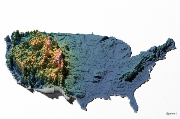 This is a 3d elevation map of the contiguous United States.