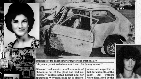 An image of a car crash, and pictures of the woman who was killed. "Wreckage of the death-car after mysterious crash i 1974".