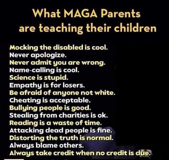 What MAGA Parents
are teaching their children

Mocking the disabled is cool.
Never apologize.
Never admit you are wrong.
Name-calling is cool.
Science is stupid.
Empathy is for losers.
Be afraid of anyone not white.
Cheating is acceptable.
Bullying people is good.
Stealing from charities is ok.
Reading is a waste of time.
Attacking dead people is fine.
Distorting the truth is normal.
Always blame others.
Always take credit when no credit is due.